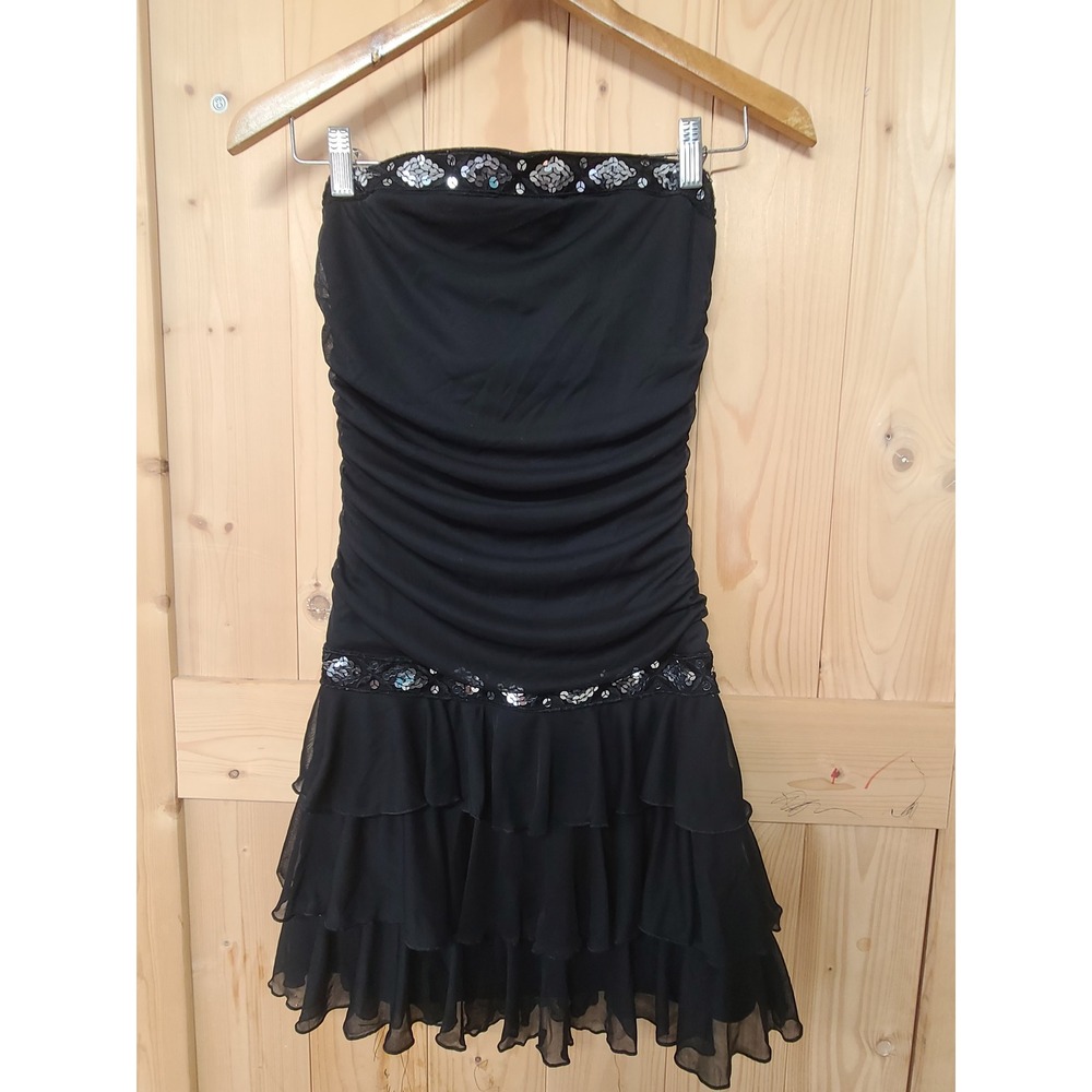 Y2k Byerwear Too! Strapless Mini Dress Women Medium Black Ruched Ruffle Sequin
